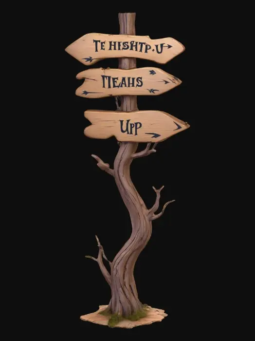 3D model for A stylized wooden signpost from a dark Alice in wonderland fantasy.
Crooked post, cracked boards shapped like arrows with Readable text "this way", "down", & "up" hand-crafted look.
Each arrow is fastened to alternate sides. Stylized 3D environment prop for a fantasy game.