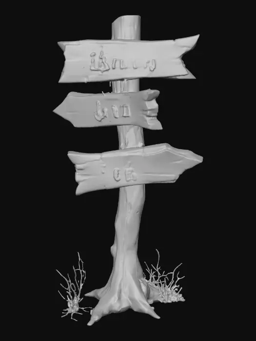 3D model for A stylized wooden signpost from a dark Alice in wonderland fantasy.
Crooked post, cracked boards shapped like arrows with Readable text "this way", "down", & "up" hand-crafted look.
Each arrow is fastened to alternate sides. Stylized 3D environment prop for a fantasy game.