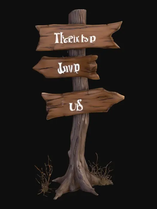 3D model for A stylized wooden signpost from a dark Alice in wonderland fantasy.
Crooked post, cracked boards shapped like arrows with Readable text "this way", "down", & "up" hand-crafted look.
Each arrow is fastened to alternate sides. Stylized 3D environment prop for a fantasy game.