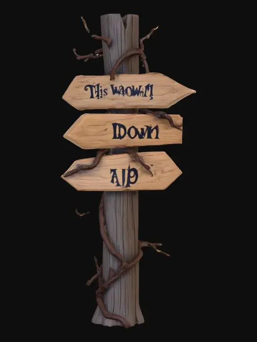 3D model for A stylized wooden signpost from a dark Alice in wonderland fantasy.
Crooked post, cracked boards shapped like arrows with Readable text "this way", "down", & "up" hand-crafted look.
Each arrow is fastened to alternate sides. Stylized 3D environment prop for a fantasy game.