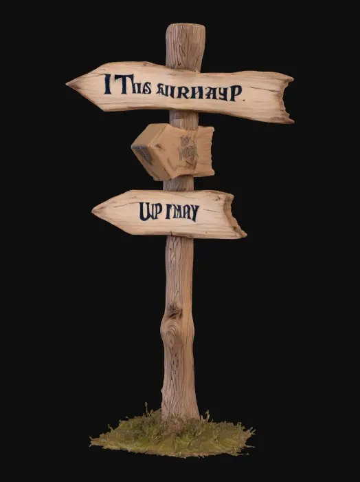 3D model for A stylized wooden signpost from a dark Alice in wonderland fantasy.
Crooked post, cracked boards shapped like arrows with Readable text "this way", "down", & "up" hand-crafted look.
Each arrow is fastened to alternate sides. Stylized 3D environment prop for a fantasy game.