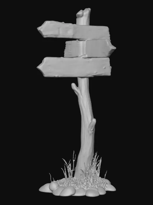 3D model for A stylized wooden signpost from a dark Alice in wonderland fantasy.
Crooked post, cracked boards shapped like arrows with Readable text "this way", "down", & "up" hand-crafted look.
Each arrow is fastened to alternate sides. Stylized 3D environment prop for a fantasy game.