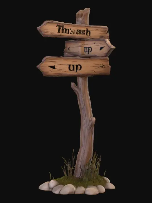 3D model for A stylized wooden signpost from a dark Alice in wonderland fantasy.
Crooked post, cracked boards shapped like arrows with Readable text "this way", "down", & "up" hand-crafted look.
Each arrow is fastened to alternate sides. Stylized 3D environment prop for a fantasy game.