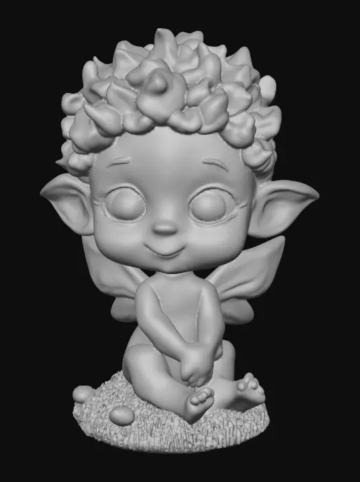 3D model for Ceramic figurine of a Chibi child like snowdrop fairy. Perfect facial features with well formed arms, hands, legs, & feet. Well defined wings. Fairy is sitting on a round patch of grass. Beautiful full wide smile. Twinkling large blue eyes. Wild Curly hair