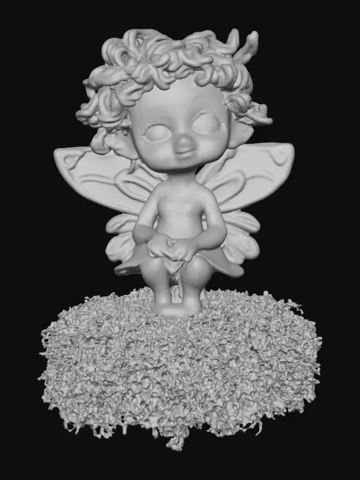 3D model for Ceramic figurine of a Chibi child like snowdrop fairy. Perfect facial features with well formed arms, hands, legs, & feet. Well defined wings. Fairy is sitting on a round patch of grass. Beautiful full wide smile. Twinkling large blue eyes. Wild Curly hair