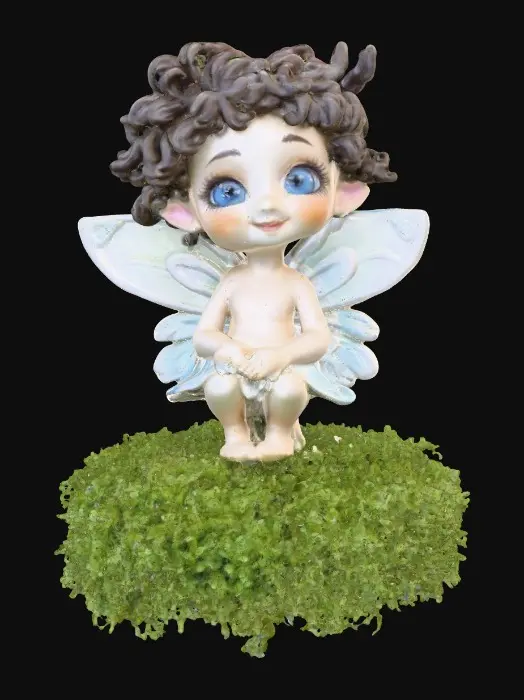 3D model for Ceramic figurine of a Chibi child like snowdrop fairy. Perfect facial features with well formed arms, hands, legs, & feet. Well defined wings. Fairy is sitting on a round patch of grass. Beautiful full wide smile. Twinkling large blue eyes. Wild Curly hair