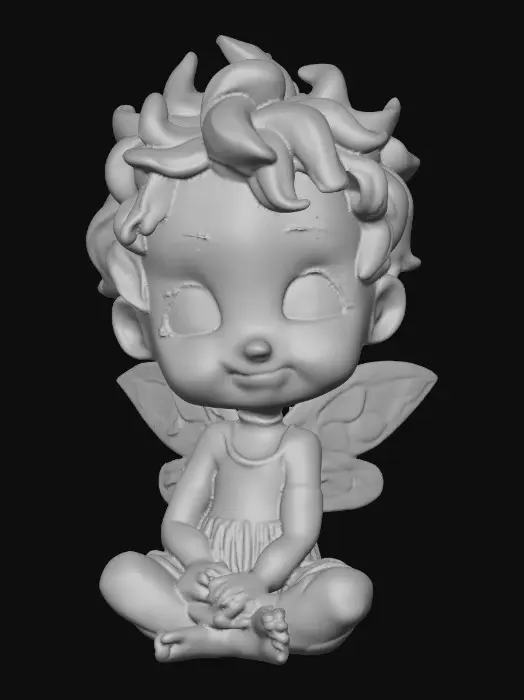 3D model for Ceramic figurine of a Chibi child like snowdrop fairy. Perfect facial features with well formed arms, hands, legs, & feet. Well defined wings. Fairy is sitting on a round patch of grass. Beautiful full wide smile. Twinkling large blue eyes. Wild Curly hair