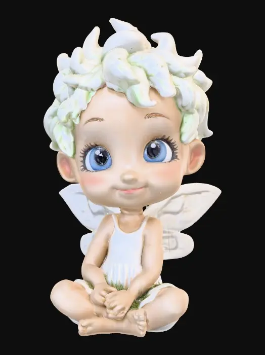 3D model for Ceramic figurine of a Chibi child like snowdrop fairy. Perfect facial features with well formed arms, hands, legs, & feet. Well defined wings. Fairy is sitting on a round patch of grass. Beautiful full wide smile. Twinkling large blue eyes. Wild Curly hair