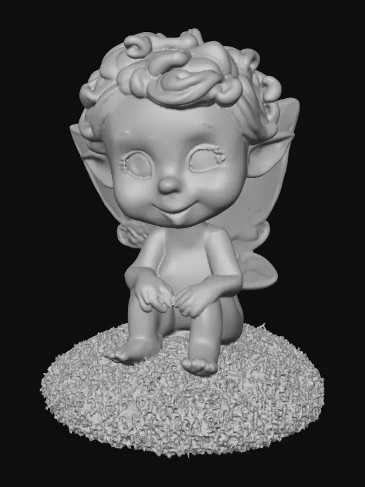3D model for Ceramic figurine of a Chibi child like snowdrop fairy. Perfect facial features with well formed arms, hands, legs, & feet. Well defined wings. Fairy is sitting on a round patch of grass. Beautiful full wide smile. Twinkling large blue eyes. Wild Curly hair