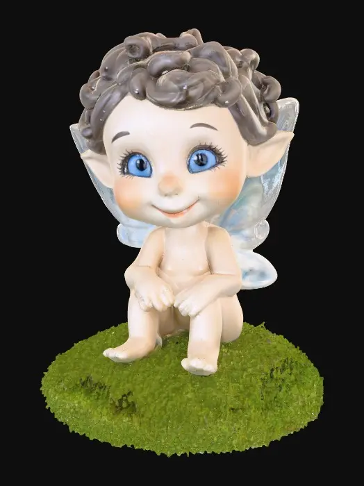 3D model for Ceramic figurine of a Chibi child like snowdrop fairy. Perfect facial features with well formed arms, hands, legs, & feet. Well defined wings. Fairy is sitting on a round patch of grass. Beautiful full wide smile. Twinkling large blue eyes. Wild Curly hair