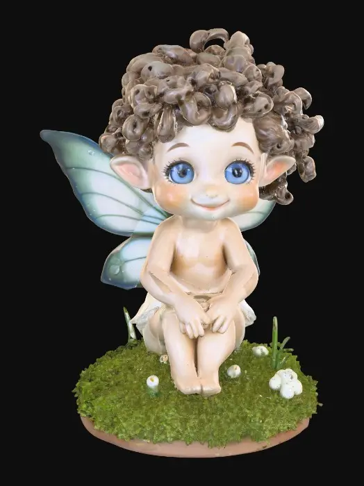 3D model for Ceramic figurine of a Chibi child like snowdrop fairy. Perfect facial features with well formed arms, hands, legs, & feet. Well defined wings. Fairy is sitting on a round patch of grass. Beautiful full wide smile. Twinkling large blue eyes. Wild Curly hair