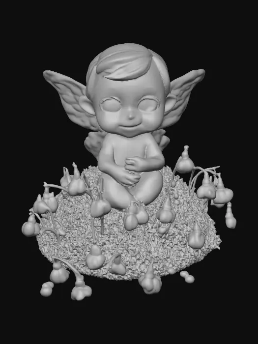 3D model for Ceramic figurine of a Chibi child like snowdrop fairy. Perfect facial features with well formed arms, hands, legs, & feet. Well defined wings. Fairy is sitting on a round patch of grass.