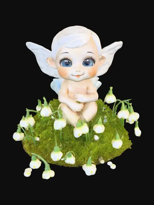 3D model for Ceramic figurine of a Chibi child like snowdrop fairy. Perfect facial features with well formed arms, hands, legs, & feet. Well defined wings. Fairy is sitting on a round patch of grass.