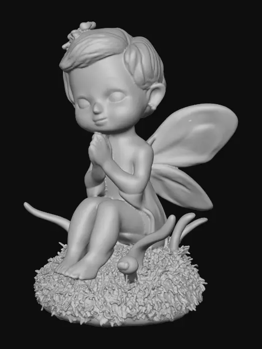 3D model for Ceramic figurine of a Chibi child like snowdrop fairy. Perfect facial features with well formed arms, hands, legs, & feet. Well defined wings. Fairy is sitting on a round patch of grass.