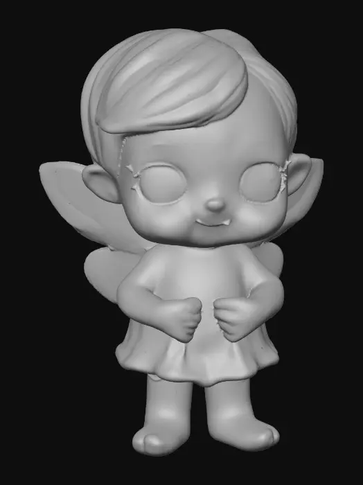 3D model for Ceramic figurine of a Chibi child like snowdrop fairy. Perfect facial features with well formed arms, hands, legs, & feet. Well defined wings. Fairy is sitting on a round patch of grass.