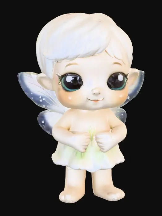 3D model for Ceramic figurine of a Chibi child like snowdrop fairy. Perfect facial features with well formed arms, hands, legs, & feet. Well defined wings. Fairy is sitting on a round patch of grass.