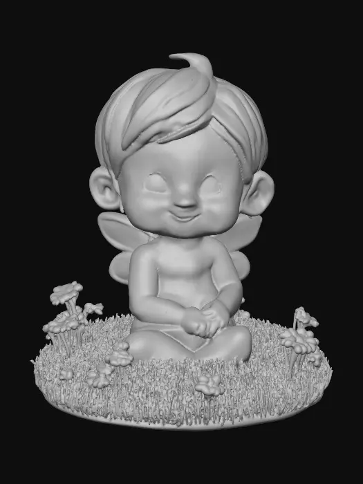 3D model for Ceramic figurine of a Chibi child like snowdrop fairy. Perfect facial features with well formed arms, hands, legs, & feet. Well defined wings. Fairy is sitting on a round patch of grass.