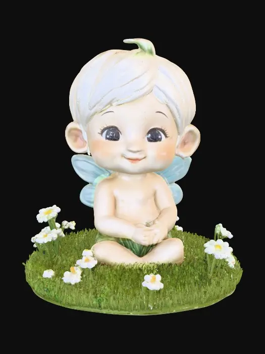 3D model for Ceramic figurine of a Chibi child like snowdrop fairy. Perfect facial features with well formed arms, hands, legs, & feet. Well defined wings. Fairy is sitting on a round patch of grass.