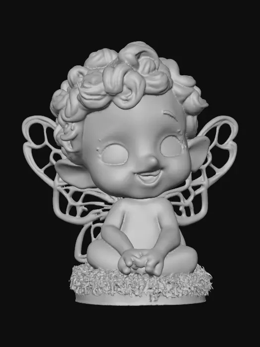 3D model for Ceramic figurine of a Chibi child like snowdrop fairy. Perfect facial features with well formed arms, hands, legs, & feet. Well defined wings. Fairy is sitting on a round patch of grass. Beautiful full wide smile laughing uncontrollably. Twinkling large blue eyes. Wild thick Curly hair