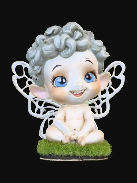 3D model for Ceramic figurine of a Chibi child like snowdrop fairy. Perfect facial features with well formed arms, hands, legs, & feet. Well defined wings. Fairy is sitting on a round patch of grass. Beautiful full wide smile laughing uncontrollably. Twinkling large blue eyes. Wild thick Curly hair