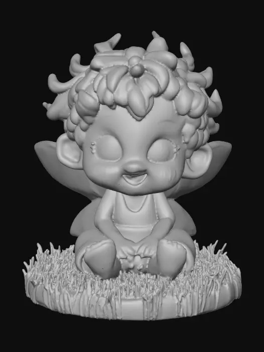 3D model for Ceramic figurine of a Chibi child like snowdrop fairy. Perfect facial features with well formed arms, hands, legs, & feet. Well defined wings. Fairy is sitting on a round patch of grass. Beautiful full wide smile laughing uncontrollably. Twinkling large blue eyes. Wild thick Curly hair