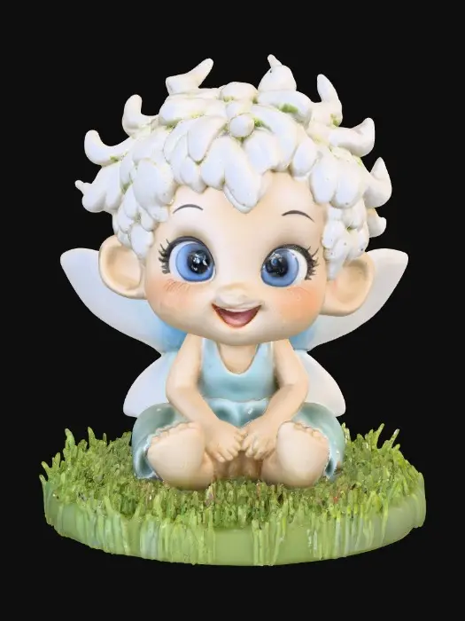 3D model for Ceramic figurine of a Chibi child like snowdrop fairy. Perfect facial features with well formed arms, hands, legs, & feet. Well defined wings. Fairy is sitting on a round patch of grass. Beautiful full wide smile laughing uncontrollably. Twinkling large blue eyes. Wild thick Curly hair