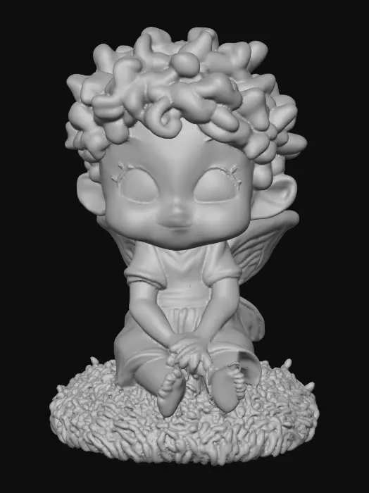 3D model for Ceramic figurine of a Chibi child like snowdrop fairy. Perfect facial features with well formed arms, hands, legs, & feet. Well defined wings. Fairy is sitting on a round patch of grass. Beautiful full wide smile laughing uncontrollably. Twinkling large blue eyes. Wild thick Curly hair