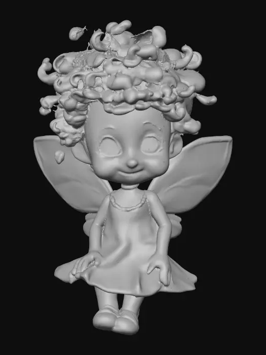 3D model for Ceramic figurine of a Chibi child like snowdrop fairy. Perfect facial features with well formed arms, hands, legs, & feet. Well defined wings. Fairy is sitting on a round patch of grass. Beautiful full wide smile laughing uncontrollably. Twinkling large blue eyes. Wild thick Curly hair