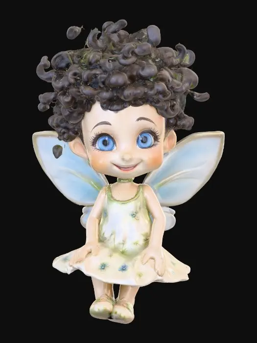 3D model for Ceramic figurine of a Chibi child like snowdrop fairy. Perfect facial features with well formed arms, hands, legs, & feet. Well defined wings. Fairy is sitting on a round patch of grass. Beautiful full wide smile laughing uncontrollably. Twinkling large blue eyes. Wild thick Curly hair