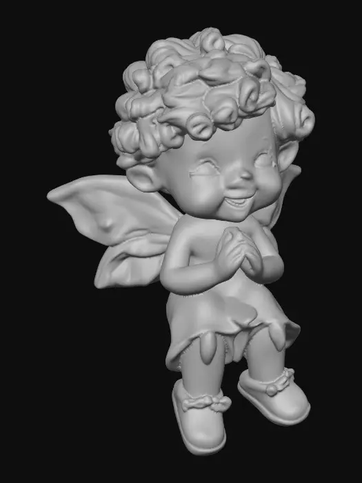 3D model for Ceramic figurine of a Chibi child like snowdrop fairy. Perfect facial features with well formed arms, hands, legs, & feet. Well defined wings. Fairy is sitting on a round patch of grass. Beautiful full wide smile laughing uncontrollably. Twinkling large blue eyes. Wild thick Curly hair