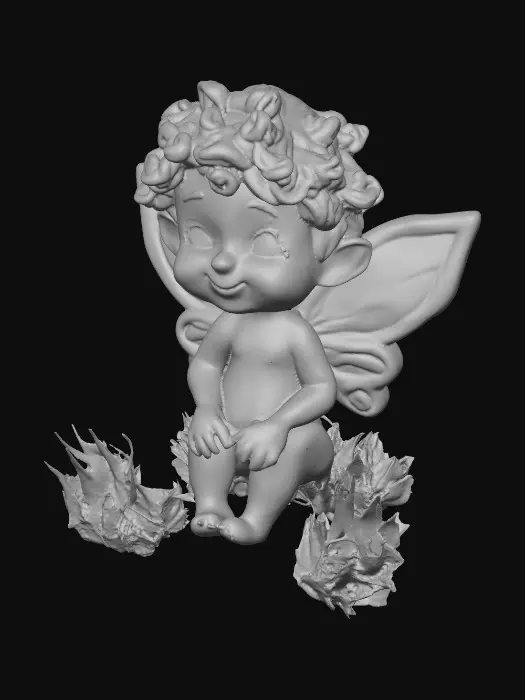 3D model for Ceramic figurine of a Chibi child like snowdrop fairy. Perfect facial features with well formed arms, hands, legs, & feet. Well defined wings. Fairy is sitting on a round patch of grass. Beautiful full wide smile laughing uncontrollably. Twinkling large blue eyes. Wild thick Curly hair