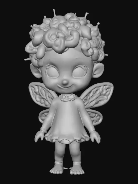 3D model for Ceramic figurine of a Chibi child like snowdrop fairy. Perfect facial features with well formed arms, hands, legs, & feet. Well defined wings. Fairy is sitting on a round patch of grass. Beautiful full wide smile laughing uncontrollably. Twinkling large blue eyes. Wild thick Curly hair