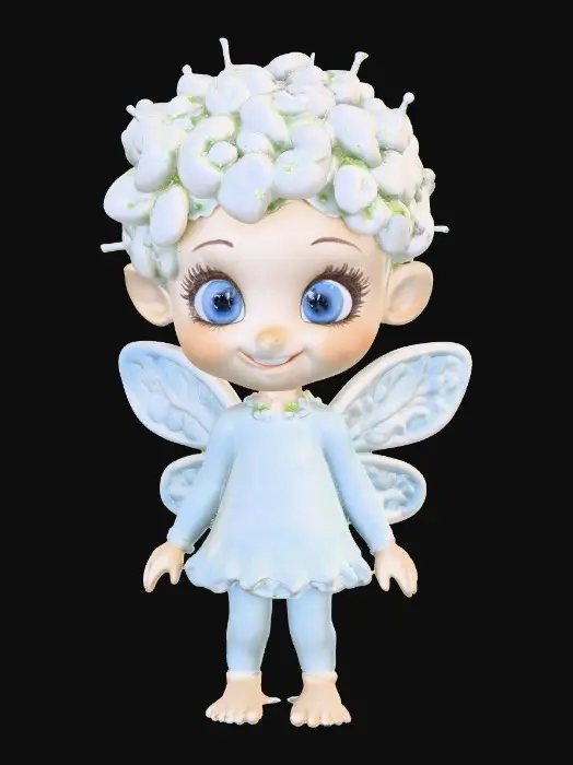 3D model for Ceramic figurine of a Chibi child like snowdrop fairy. Perfect facial features with well formed arms, hands, legs, & feet. Well defined wings. Fairy is sitting on a round patch of grass. Beautiful full wide smile laughing uncontrollably. Twinkling large blue eyes. Wild thick Curly hair