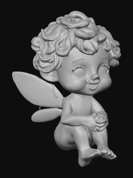 3D model for Ceramic figurine of a Chibi child like snowdrop fairy. Perfect facial features with well formed arms, hands, legs, & feet. Well defined wings. Fairy is sitting on a round patch of grass. Beautiful full wide smile laughing uncontrollably. Twinkling large blue eyes. Wild thick Curly hair