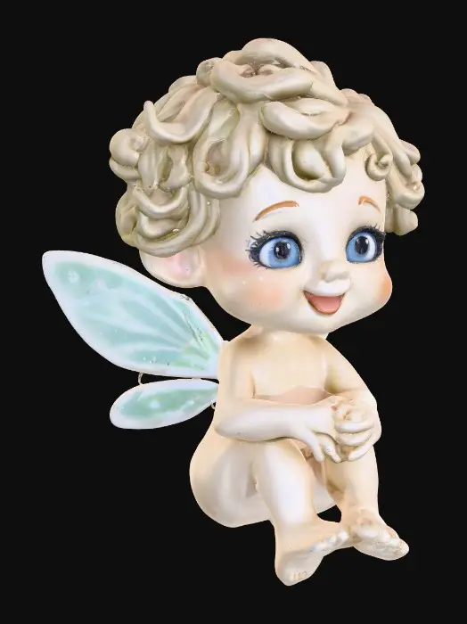 3D model for Ceramic figurine of a Chibi child like snowdrop fairy. Perfect facial features with well formed arms, hands, legs, & feet. Well defined wings. Fairy is sitting on a round patch of grass. Beautiful full wide smile laughing uncontrollably. Twinkling large blue eyes. Wild thick Curly hair