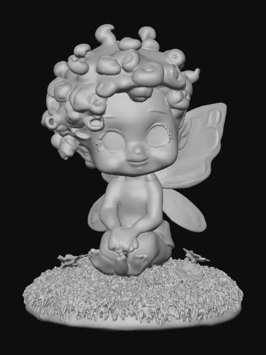 3D model for Ceramic figurine of a Chibi child like snowdrop fairy. Perfect facial features with well formed arms, hands, legs, & feet. Well defined wings. Fairy is sitting on a round patch of grass. Beautiful full wide smile laughing uncontrollably. Twinkling large blue eyes. Wild thick Curly hair