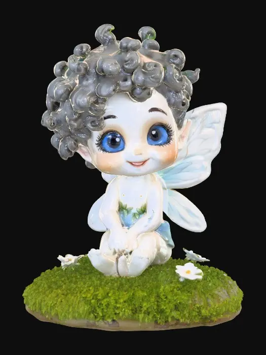 3D model for Ceramic figurine of a Chibi child like snowdrop fairy. Perfect facial features with well formed arms, hands, legs, & feet. Well defined wings. Fairy is sitting on a round patch of grass. Beautiful full wide smile laughing uncontrollably. Twinkling large blue eyes. Wild thick Curly hair