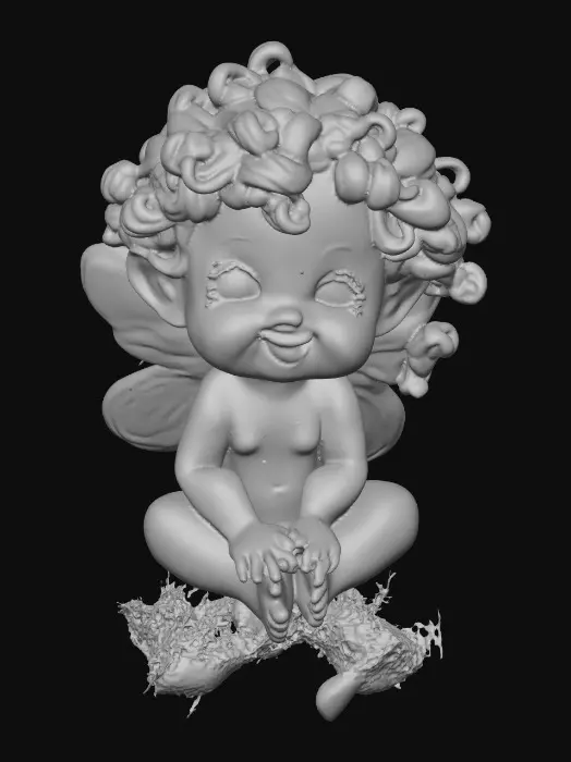 3D model for Ceramic figurine of a Chibi child like snowdrop fairy. Perfect facial features with well formed arms, hands, legs, & feet. Well defined wings. Fairy is sitting on a round patch of grass. Beautiful full wide smile laughing uncontrollably. Twinkling large blue eyes. Wild thick Curly hair
