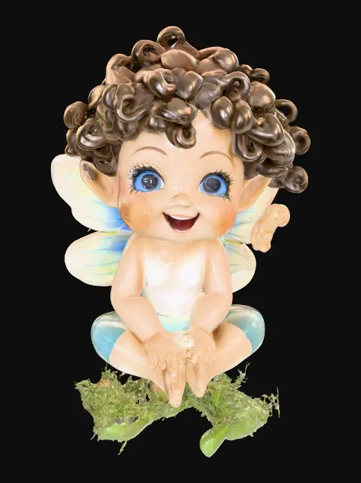 3D model for Ceramic figurine of a Chibi child like snowdrop fairy. Perfect facial features with well formed arms, hands, legs, & feet. Well defined wings. Fairy is sitting on a round patch of grass. Beautiful full wide smile laughing uncontrollably. Twinkling large blue eyes. Wild thick Curly hair