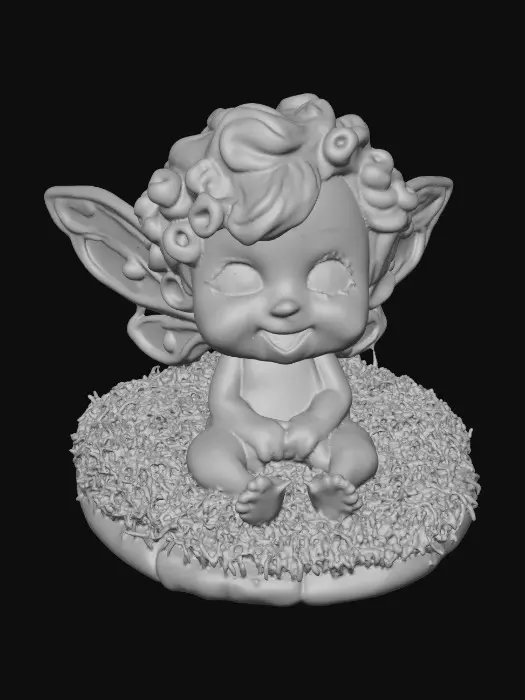 3D model for Ceramic figurine of a Chibi child like snowdrop fairy. Perfect facial features with well formed arms, hands, legs, & feet. Well defined wings. Fairy is sitting on a round patch of grass. Beautiful full wide smile laughing uncontrollably. Twinkling large blue eyes. Wild thick Curly hair