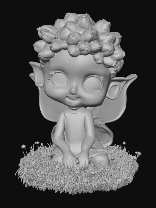 3D model for Ceramic figurine of a Chibi child like snowdrop fairy. Perfect facial features with well formed arms, hands, legs, & feet. Well defined wings. Fairy is sitting on a round patch of grass. Beautiful full wide smile laughing uncontrollably. Twinkling large blue eyes. Wild thick Curly hair