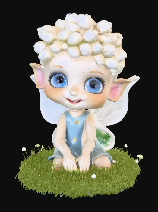 3D model for Ceramic figurine of a Chibi child like snowdrop fairy. Perfect facial features with well formed arms, hands, legs, & feet. Well defined wings. Fairy is sitting on a round patch of grass. Beautiful full wide smile laughing uncontrollably. Twinkling large blue eyes. Wild thick Curly hair