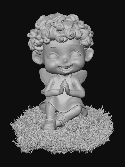 3D model for Ceramic figurine of a Chibi child like snowdrop fairy. Perfect facial features with well formed arms, hands, legs, & feet. Well defined wings. Fairy is sitting on a round patch of grass. Beautiful full wide smile laughing uncontrollably. Twinkling large blue eyes. Wild thick Curly hair