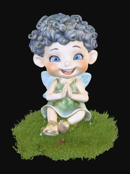 3D model for Ceramic figurine of a Chibi child like snowdrop fairy. Perfect facial features with well formed arms, hands, legs, & feet. Well defined wings. Fairy is sitting on a round patch of grass. Beautiful full wide smile laughing uncontrollably. Twinkling large blue eyes. Wild thick Curly hair