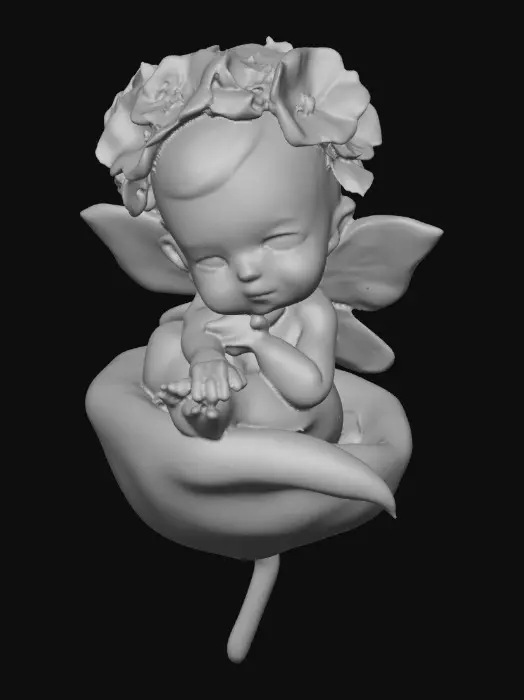 3D model for A beautiful delicate and highly detailed  chibi fairy baby with porcelain wings sleeps peacefully upon a half curled fallen leaf that forms a soft cradle for the baby. The fairy wears a crown of colorful flowers.  Highly stylized 3d features perfect for gaming