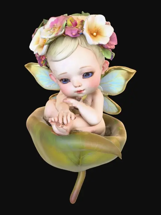 3D model for A beautiful delicate and highly detailed  chibi fairy baby with porcelain wings sleeps peacefully upon a half curled fallen leaf that forms a soft cradle for the baby. The fairy wears a crown of colorful flowers.  Highly stylized 3d features perfect for gaming