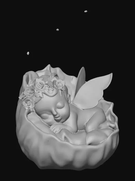 3D model for A beautiful delicate and highly detailed fairy baby with porcelain wings sleeps peacefully upon a fallen leaf that forms a soft cradle for the baby. The fairy wears a crown of colorful flowers.