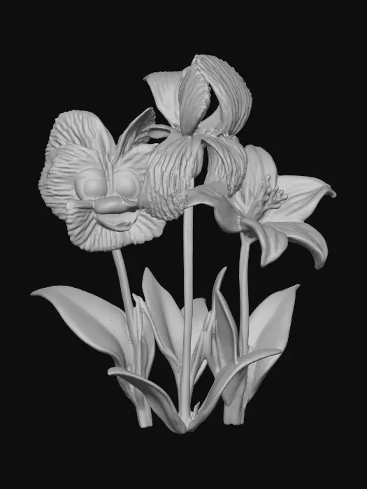 3D model for A trio of talking flowers (pansy, iris, and lily) alice in wonderland stylized cartoonish talking flowers in full color