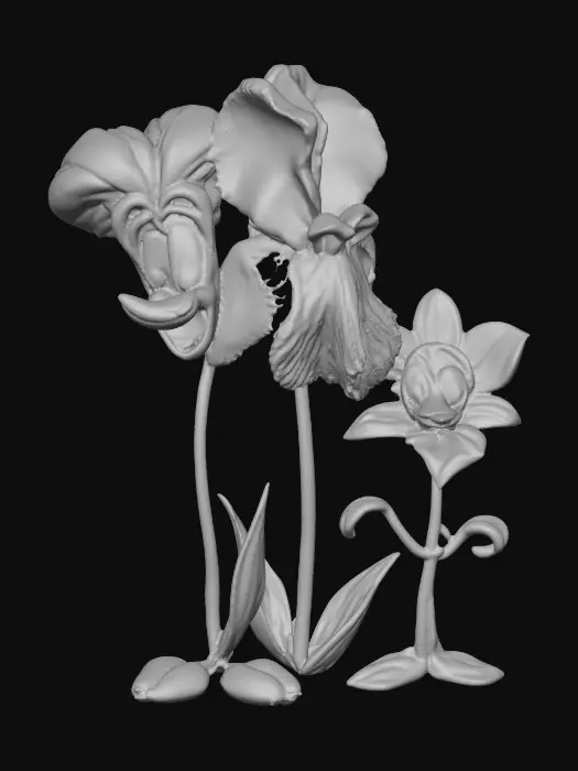 3D model for A trio of talking flowers (pansy, iris, and lily) alice in wonderland stylized cartoonish talking flowers in full color