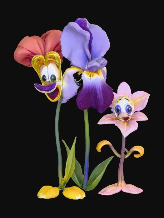 3D model for A trio of talking flowers (pansy, iris, and lily) alice in wonderland stylized cartoonish talking flowers in full color